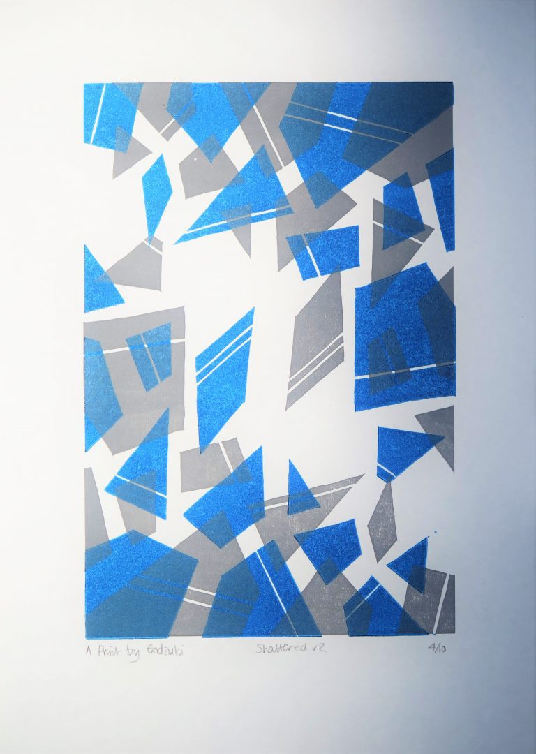 Godzuki, Shattered, Linocut print